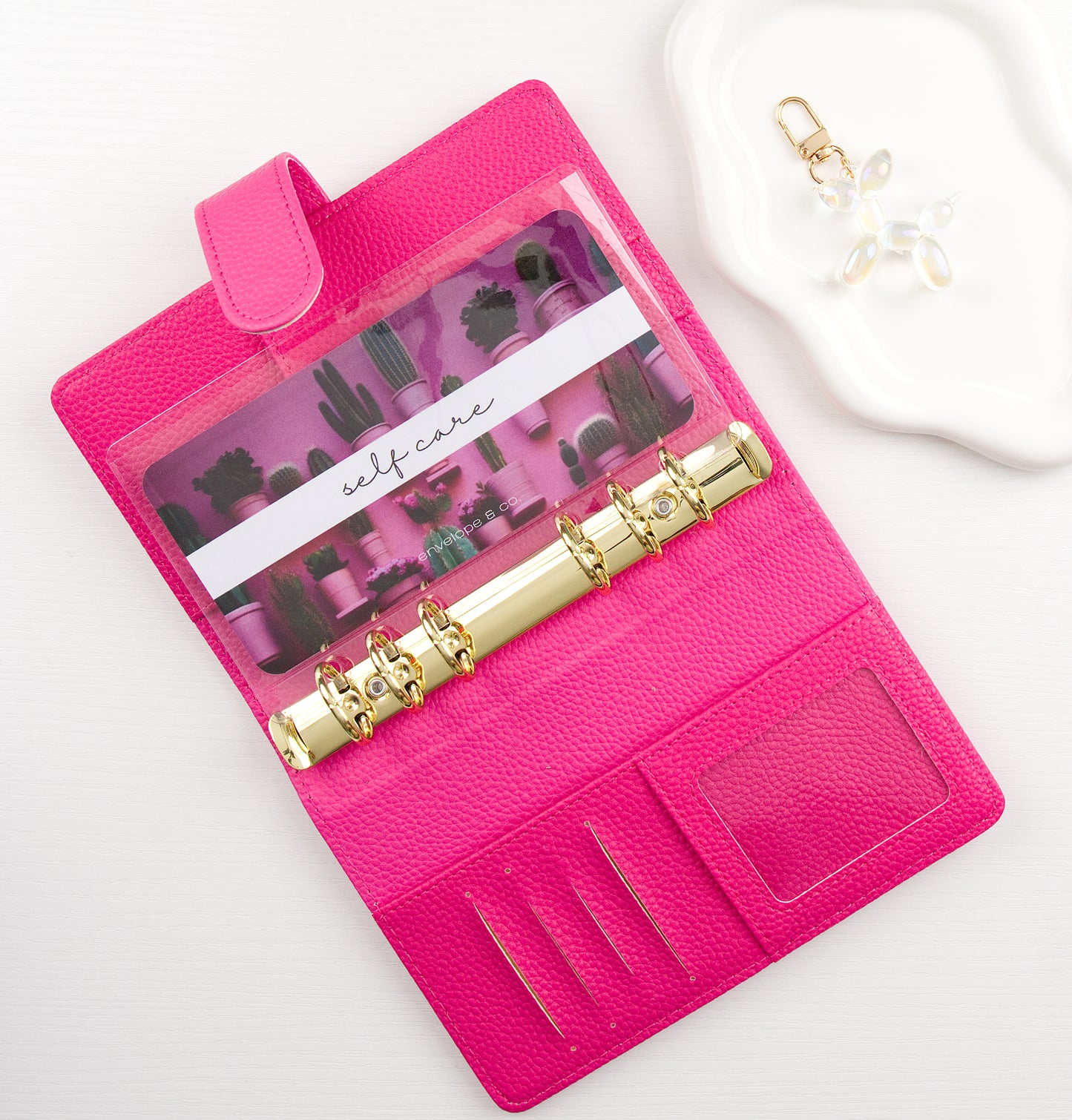 Pink binder on a white background with a cactus themed envelope insert inside