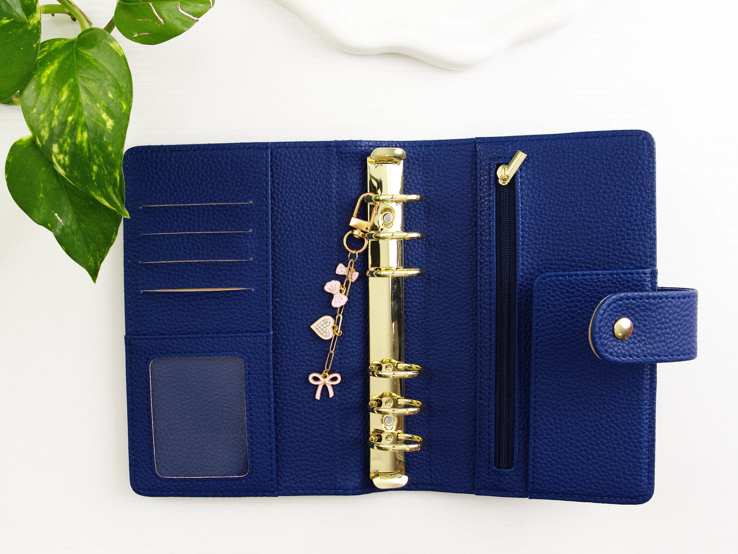 Blue binder with gold ring binding on a white background
