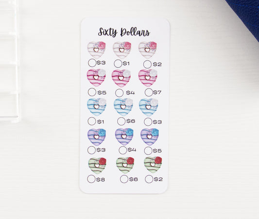 Savings challenge with donut style heart designs and price labels on a white background