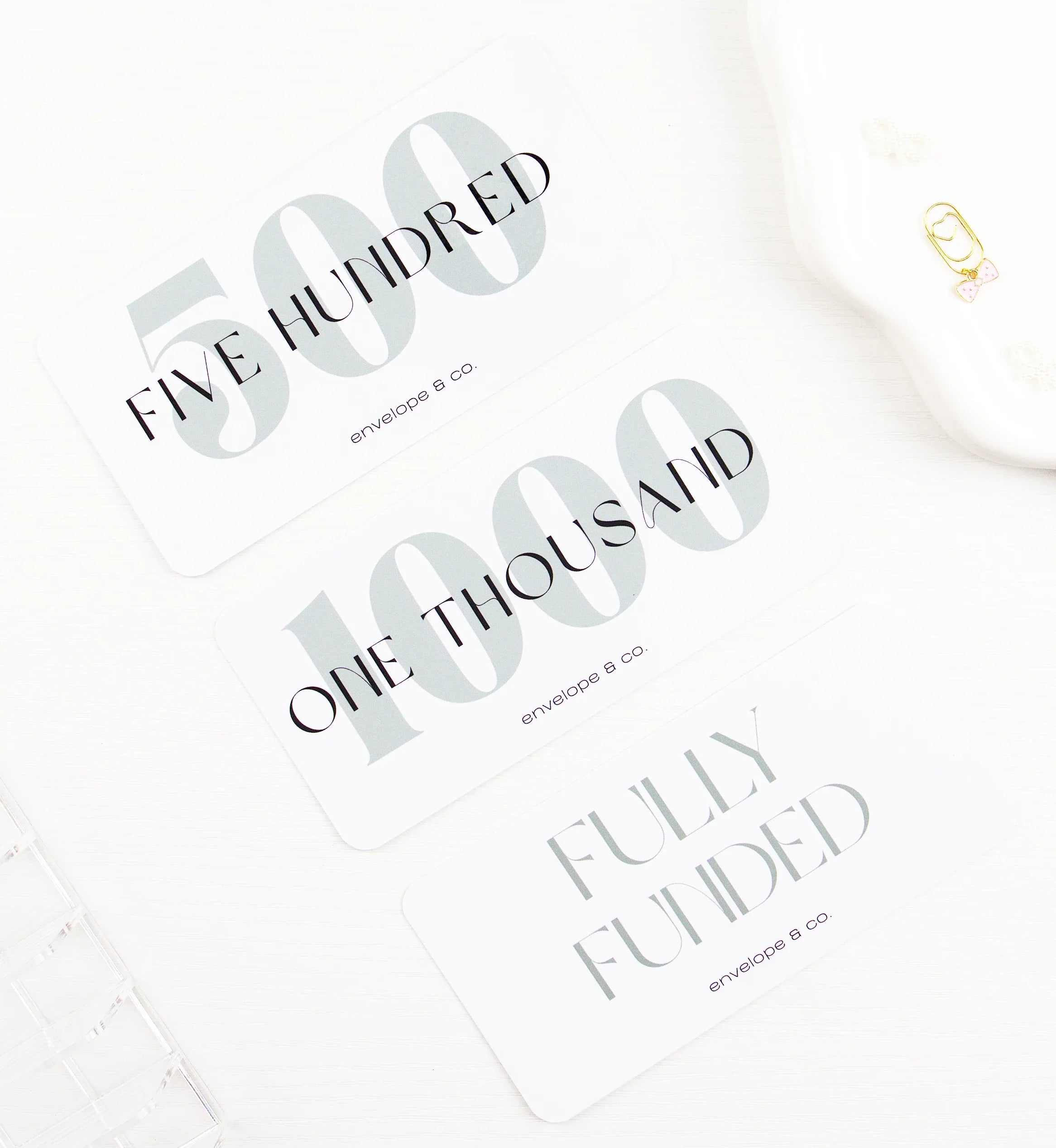 Three minimalist milestone placeholder cards reading Five Hundred, One Thousand, and Fully Funded in elegant sage and black typography, styled on white background with gold heart charm and trinket dish