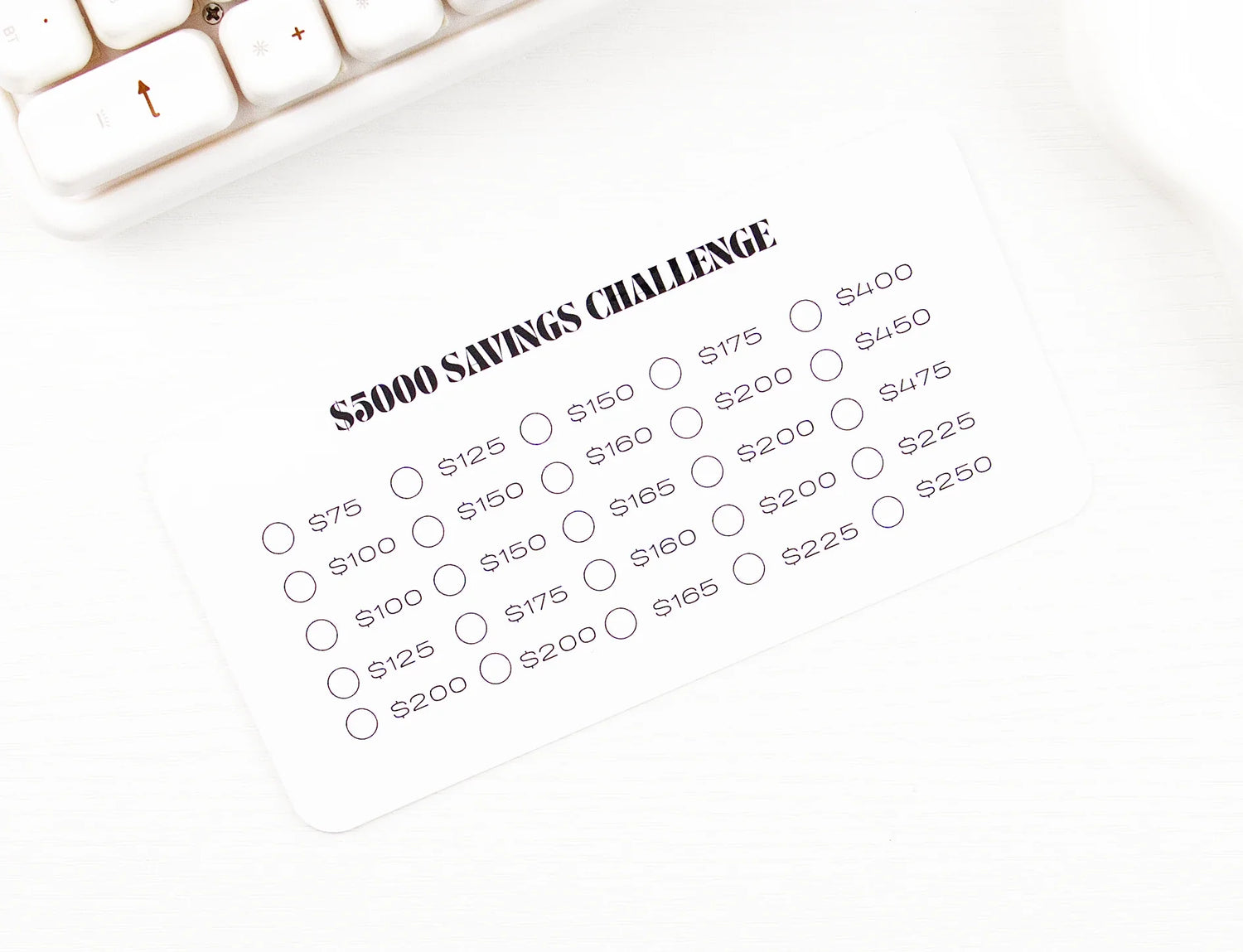 $5000 Savings Challenge insert card with varying deposit amounts from $75 to $475 arranged in grid with circles to mark off each contribution, minimalist black and white design on desk beside calculator
