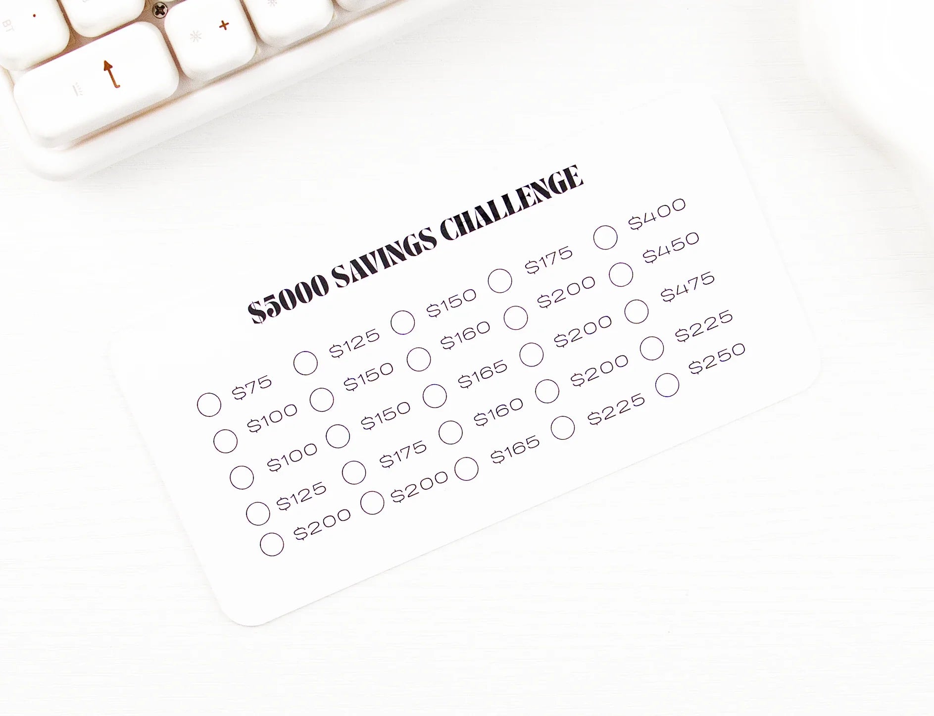 $5000 Savings Challenge insert card with varying deposit amounts from $75 to $475 arranged in grid with circles to mark off each contribution, minimalist black and white design on desk beside calculator