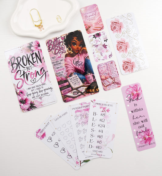 Savings challenge with inspirational messages and floral designs on a white background