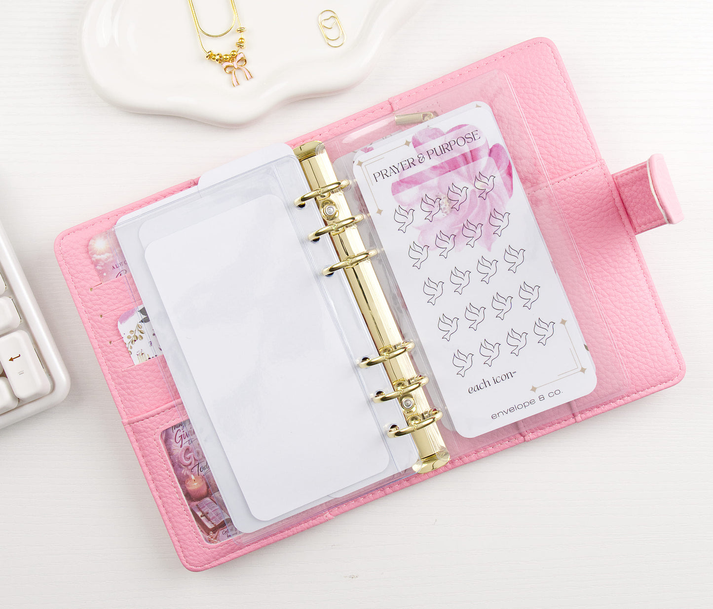 Bird-themed dashboard in a pink binder with gold ring binding on a white surface