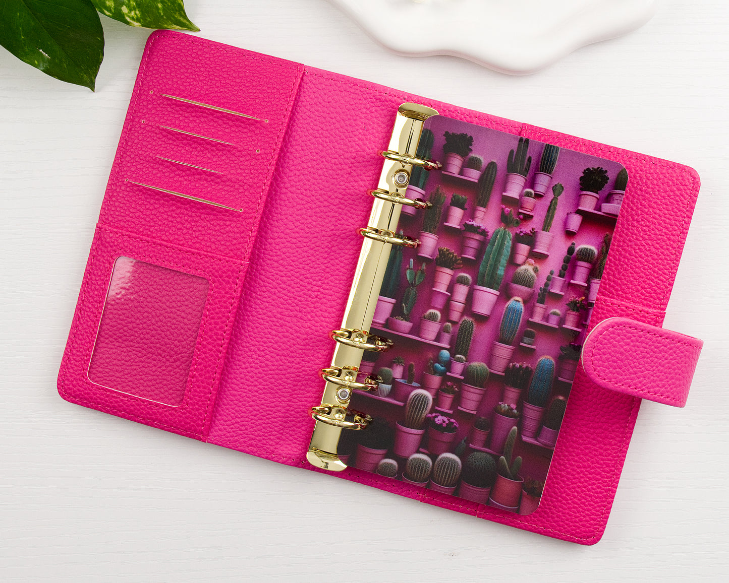 Pink binder with a gold rings and a cactus themed dashboard on a white background