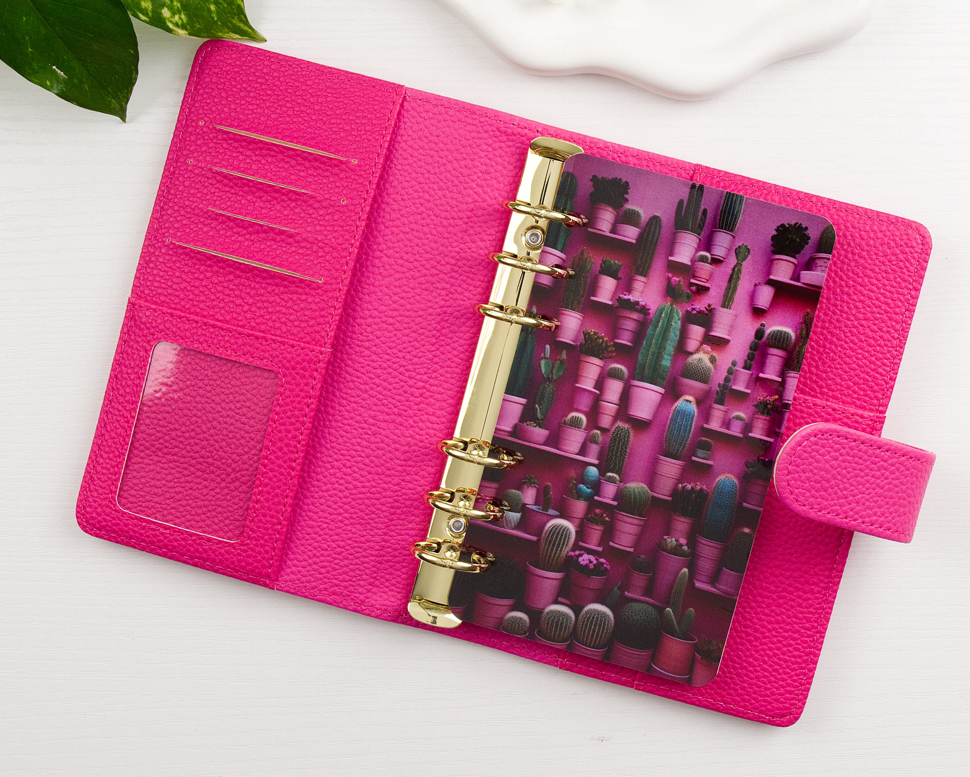 Pink binder with a gold rings and a cactus themed dashboard on a white background
