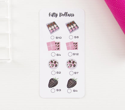 Savings tracker featuring chocolate treats with variable amounts on white background