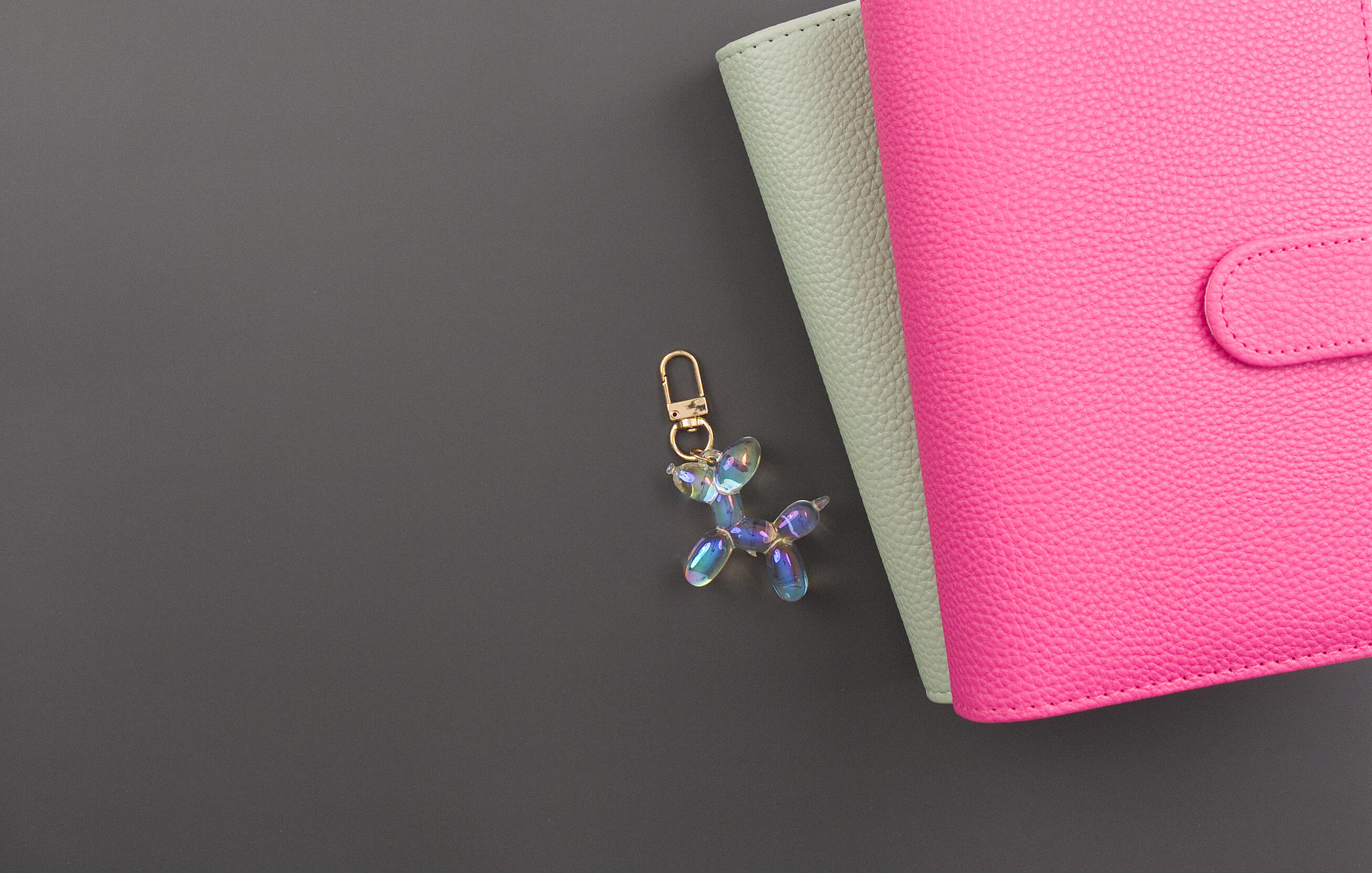green and pink binder with puppy charm on dark grey background