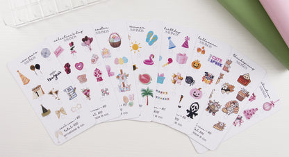 Holiday savings challenge bundle featuring eight seasonal inserts fanned out: New Year's, Valentine's Day, Easter, Summer, Birthday, Halloween, Thanksgiving, and Christmas, each with themed icons and $100-$110 goals