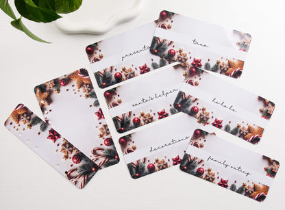 A set of holiday-themed savings challenges with a white center and printed Christmas borders featuring pine branches, red ornaments, candy canes, and warm-toned decorative elements.