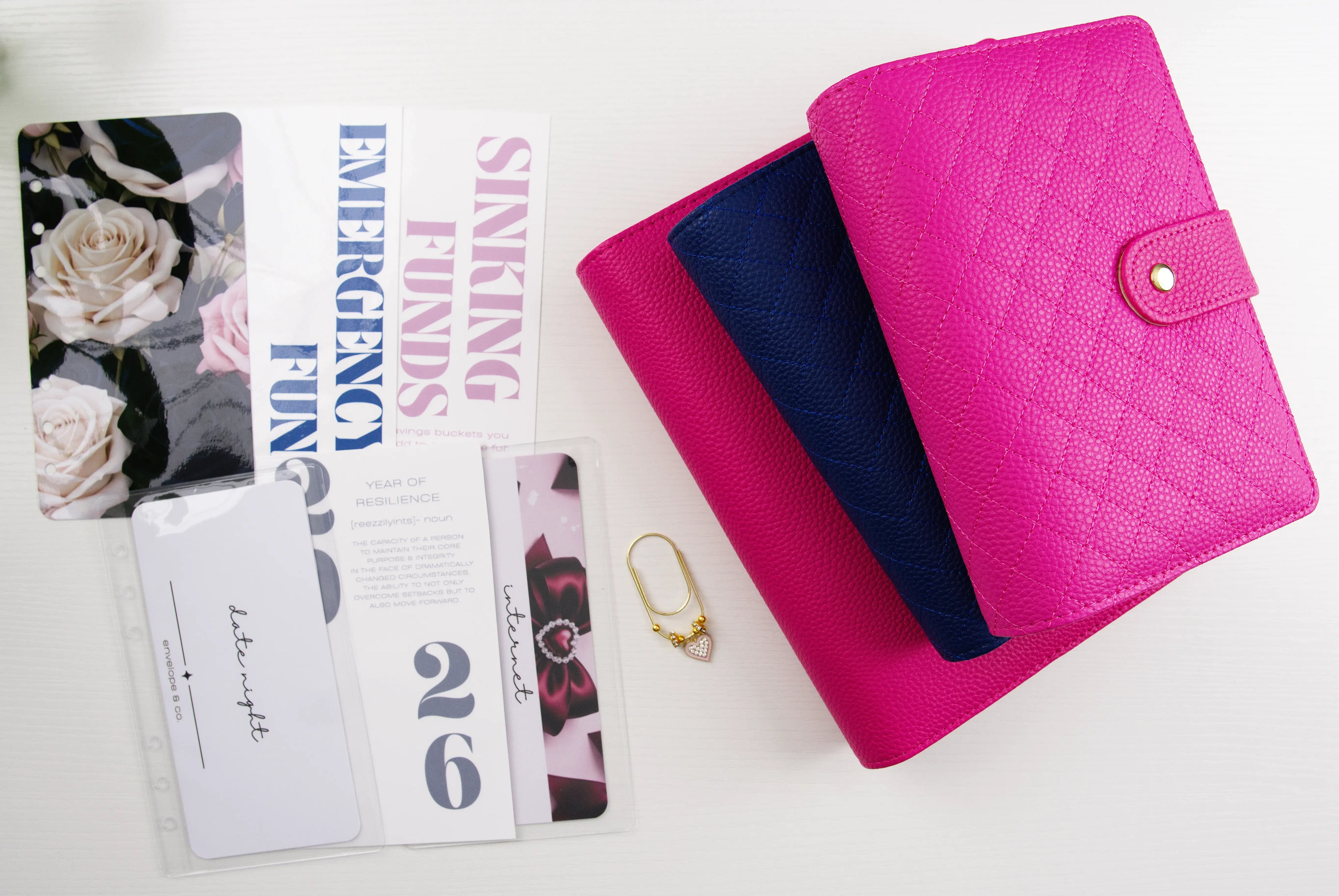 Pink and blue binders with assorted dashboards on a white background
