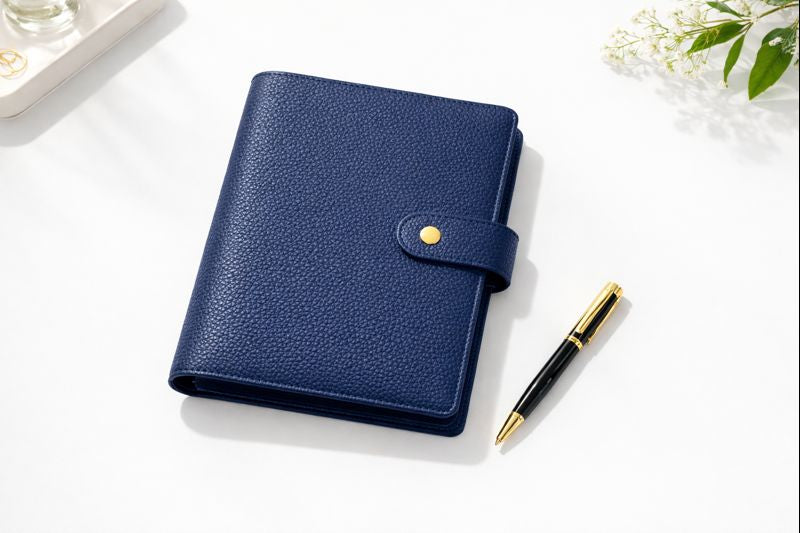 Navy blue pebbled leather A6 binder with gold snap closure displayed closed on white background beside black and gold ballpoint pen, with baby's breath flowers in corner