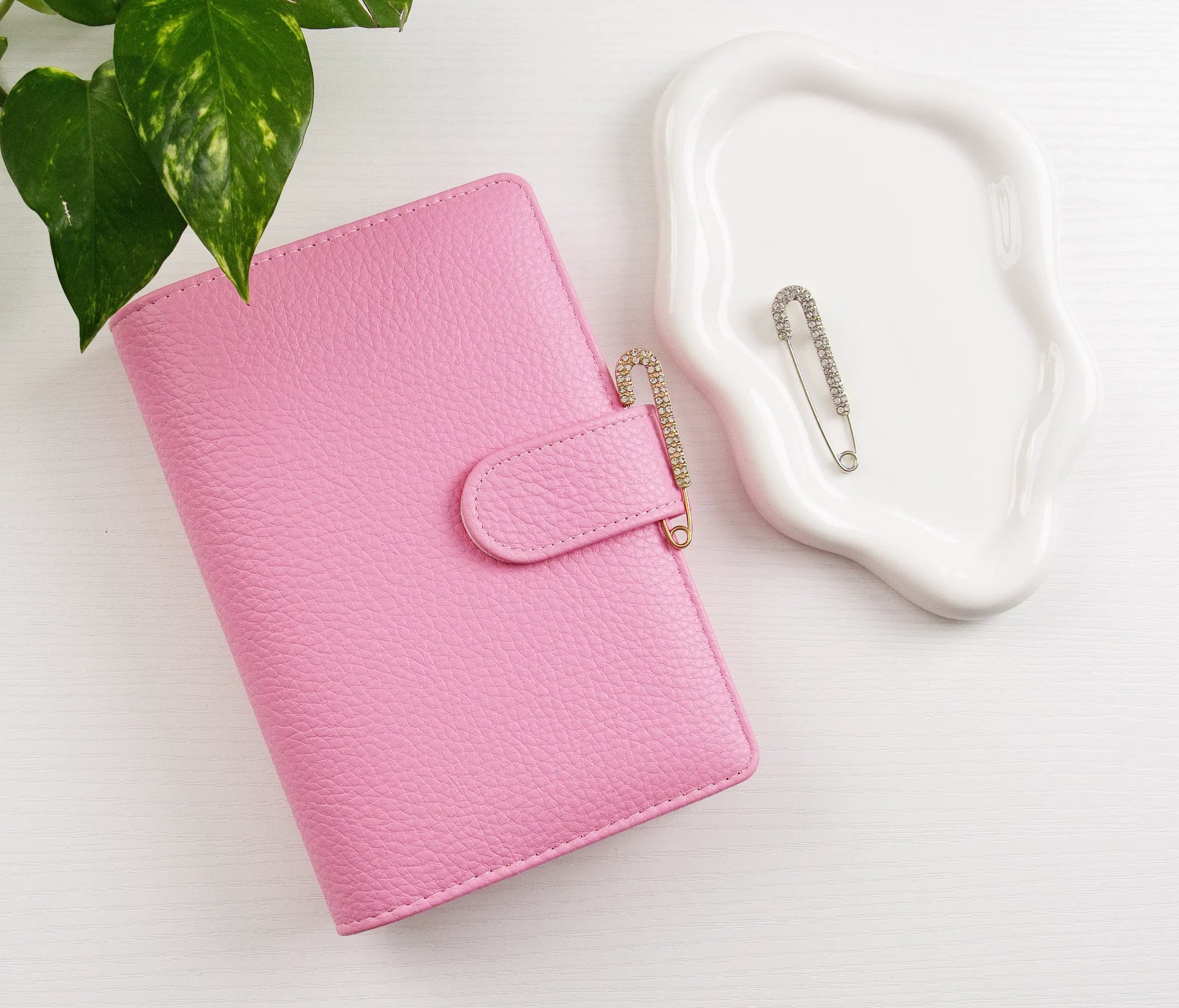 Pink binder on a white surface with a plant in the corner
