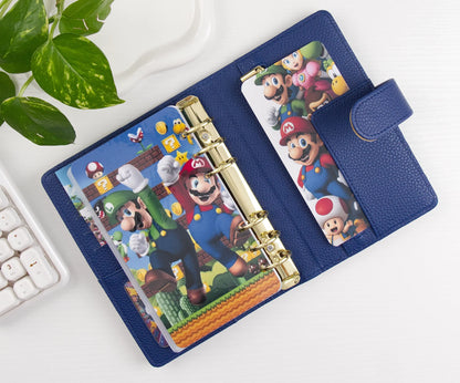 Blue binder with character design on a white surface