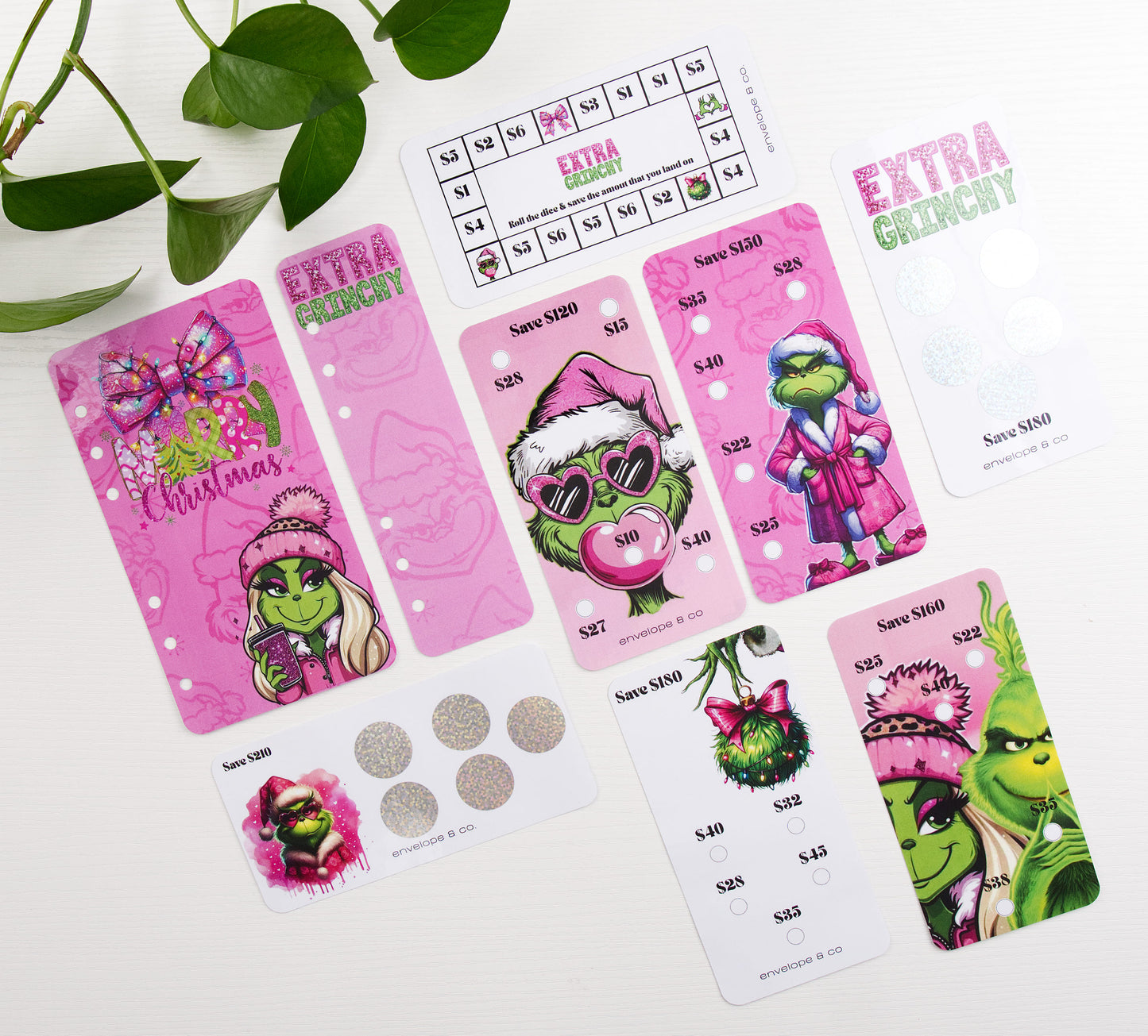 Set of pink savings challenges with green character-themed designs on a white background.
