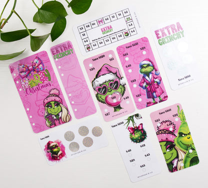 Set of pink savings challenges with green character-themed designs on a white background.