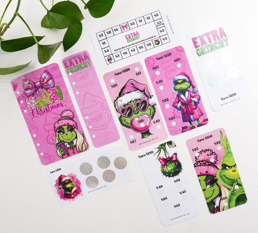 Set of pink savings challenges with green character-themed designs on a white background.