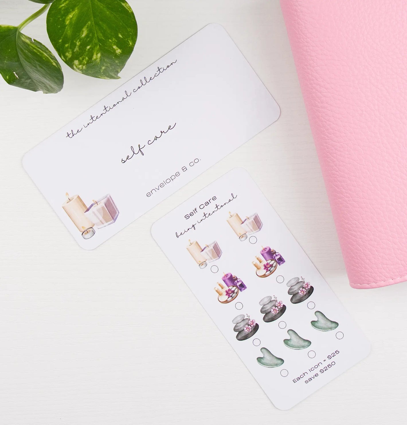 Savings bundle with self-care illustrations on a white surface with pink binder and green leaves.
