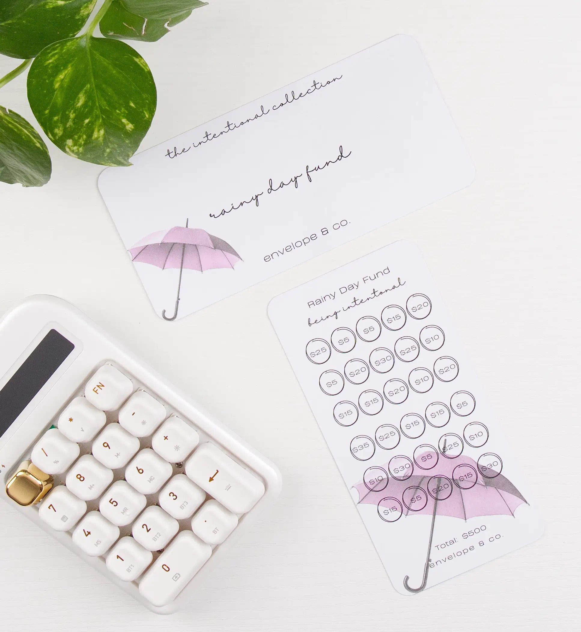 Savings bundle with pink umbrella design on a white surface with a calculator and plant leaves.