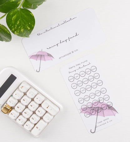 Savings bundle with pink umbrella design on a white surface with a calculator and plant leaves.
