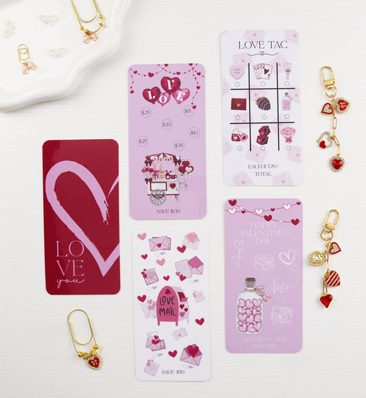 Savings Bundle with Love You dashboard, four heart-themed trackers, and coordinating red heart binder charms on white background