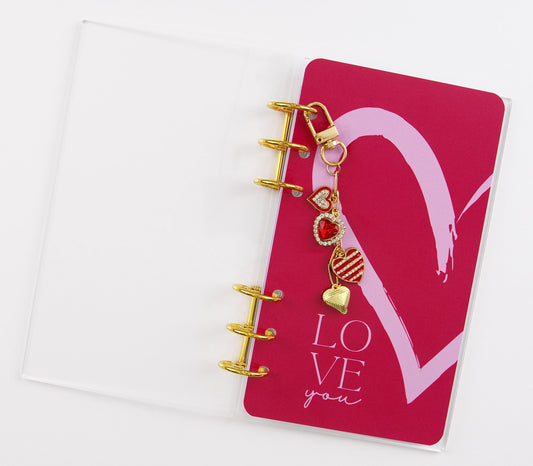 Clear acrylic A6 binder with gold rings showing Love You dashboard in pink with cascading red heart charm attached
