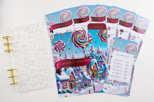 1K Christmas Challenge bundle with dashboard, table of contents, bookmark, and six savings tracker pages featuring candy canes and gingerbread houses